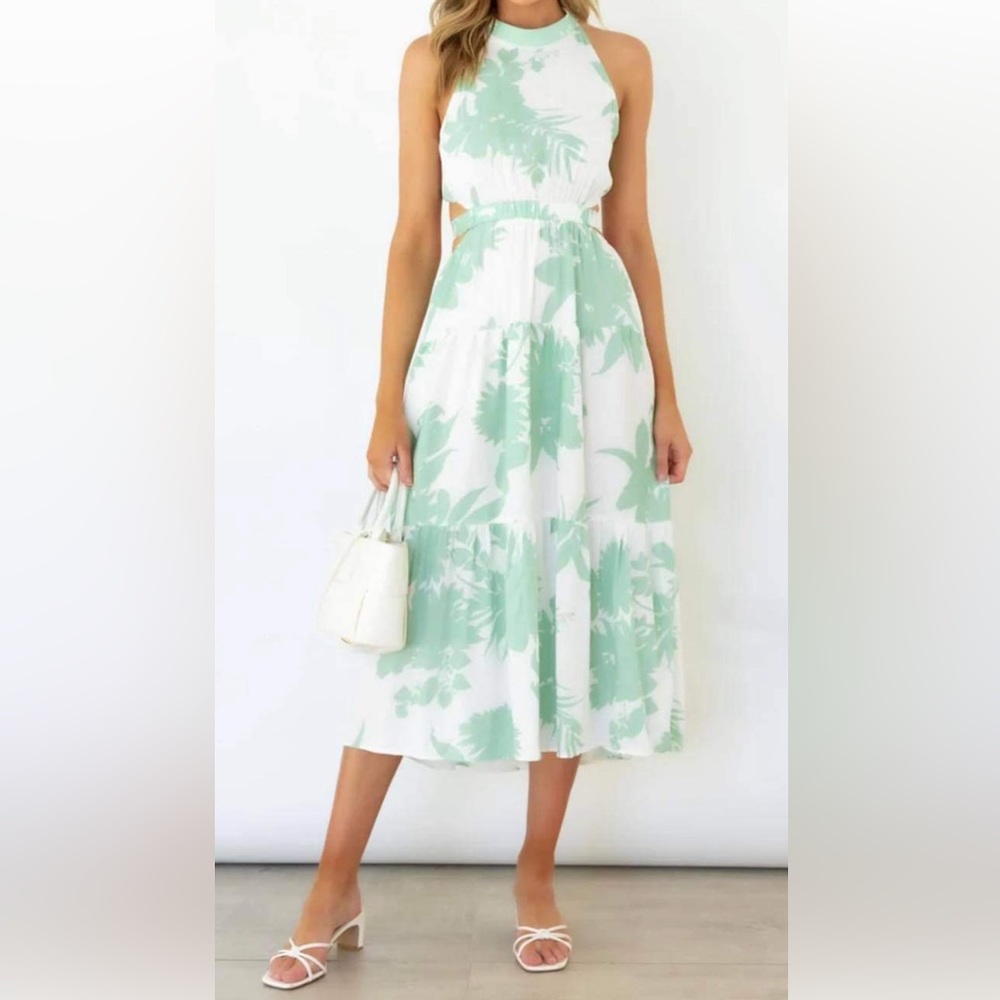 Mint green and white floral midi length dress